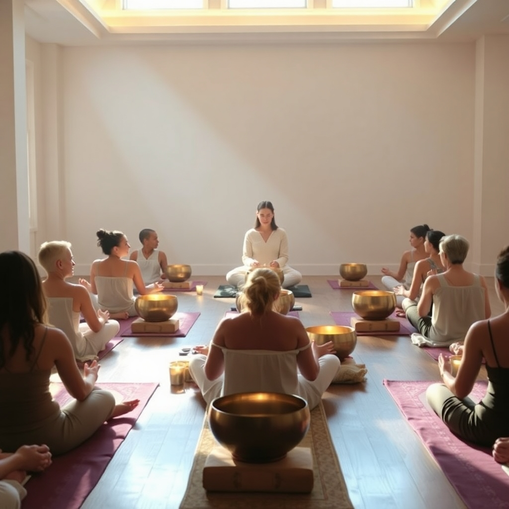 A serene, photorealistic image of a sound bath session in progress. People are lying comfortably on mats, bathed in soft light, as a sound healer plays crystal singing bowls. The atmosphere is peaceful and calming, with a sense of deep relaxation and healing.