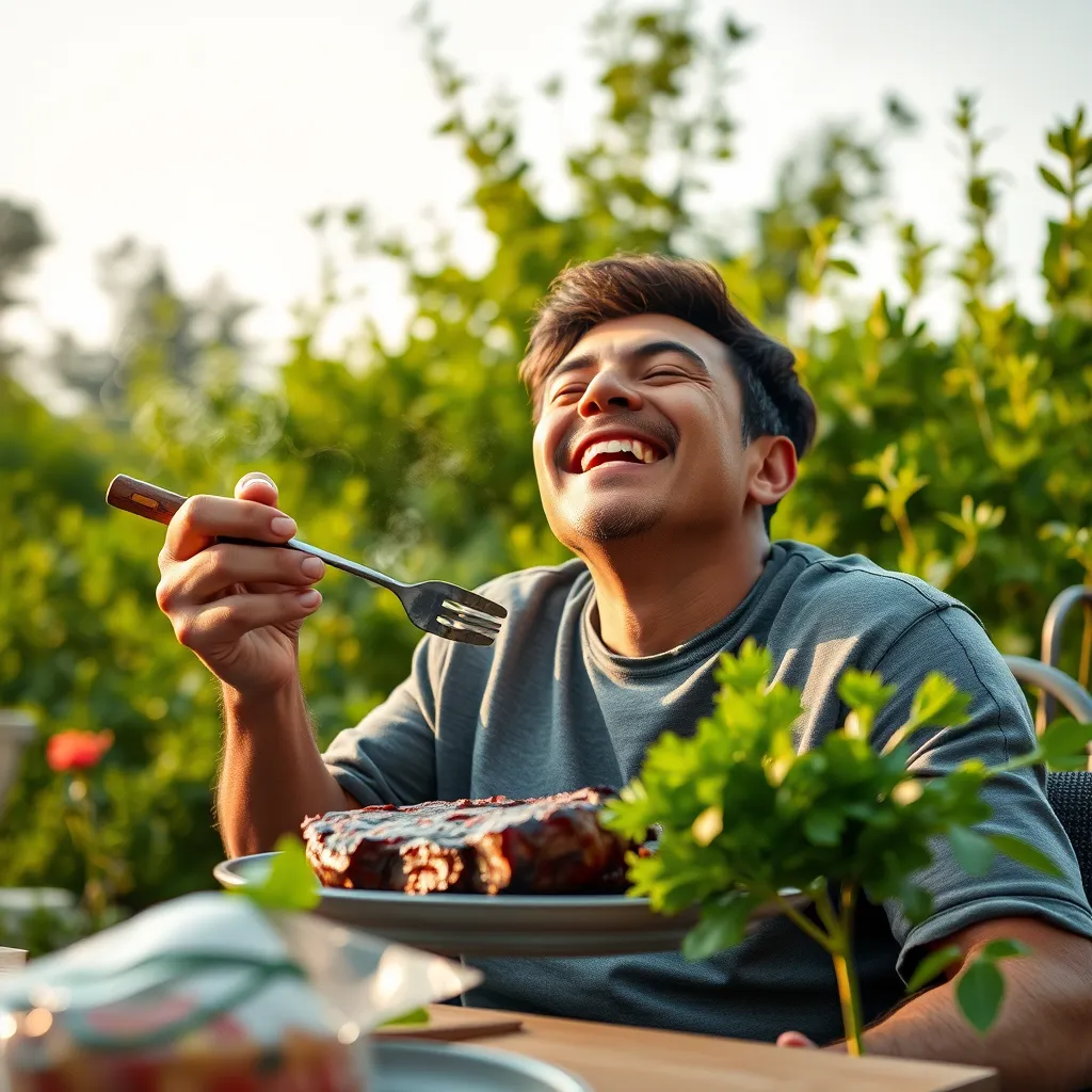A serene scene featuring a person enjoying a meal of grilled beef outdoors, surrounded by lush greenery. The person appears relaxed and energized, embodying the potential health benefits associated with the diet. The image should convey a sense of well-being and vitality.