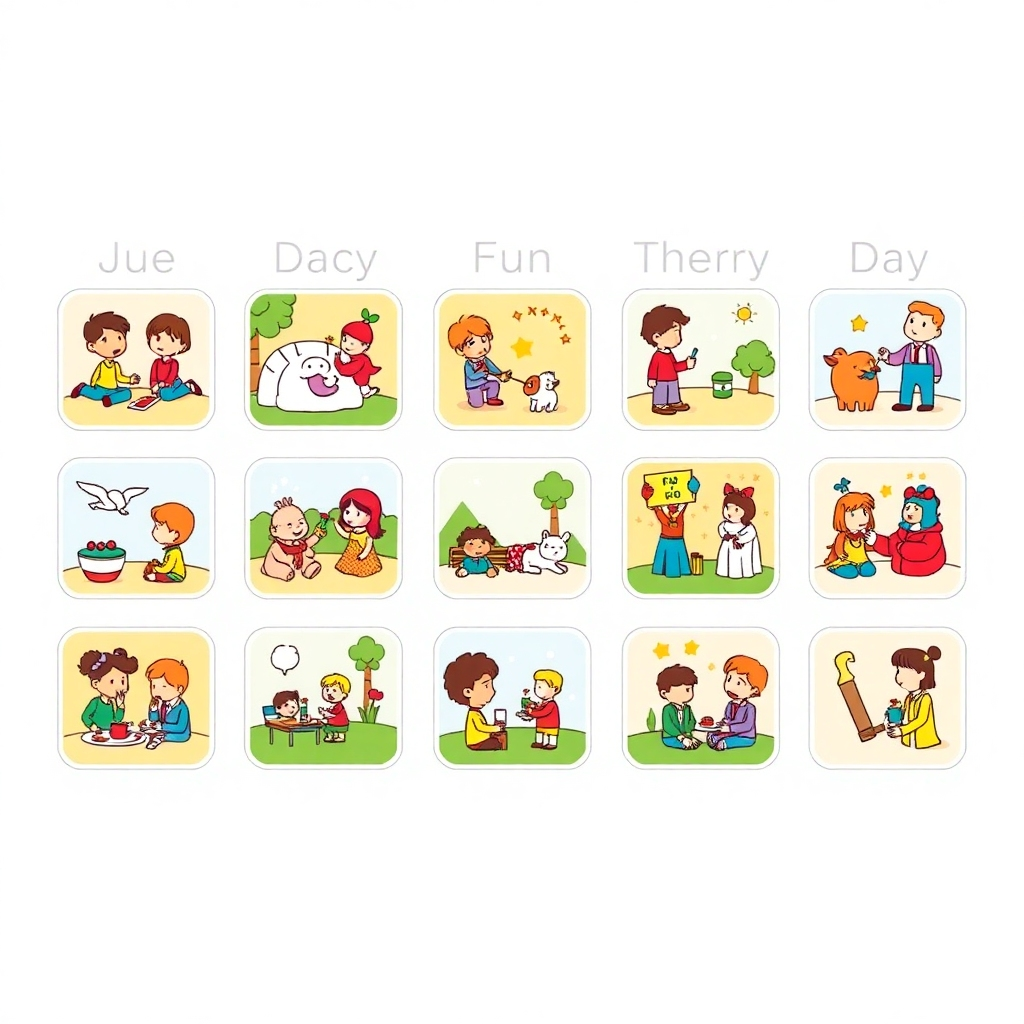 A series of smaller images, one for each day, depicting a fun activity for that day. Use a cartoonish, friendly style and bright colors.