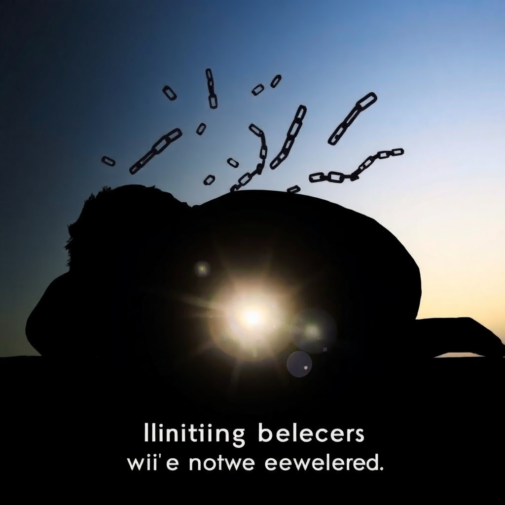 A silhouette of a person sleeping, with chains representing limiting beliefs dissolving around them. The background is a gradient of dark to light, symbolizing the transition from negativity to positivity. The style is symbolic and empowering.
