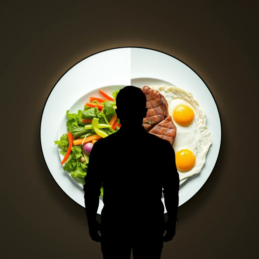 A silhouette of a person standing in front of a large mirror, looking at their reflection. The mirror is split into two sections, with one side depicting a vibrant plate of vegetables and the other side showcasing a plate of meat and eggs.  The person is looking thoughtfully at both sides of the mirror, symbolizing the choice and exploration of different diets.