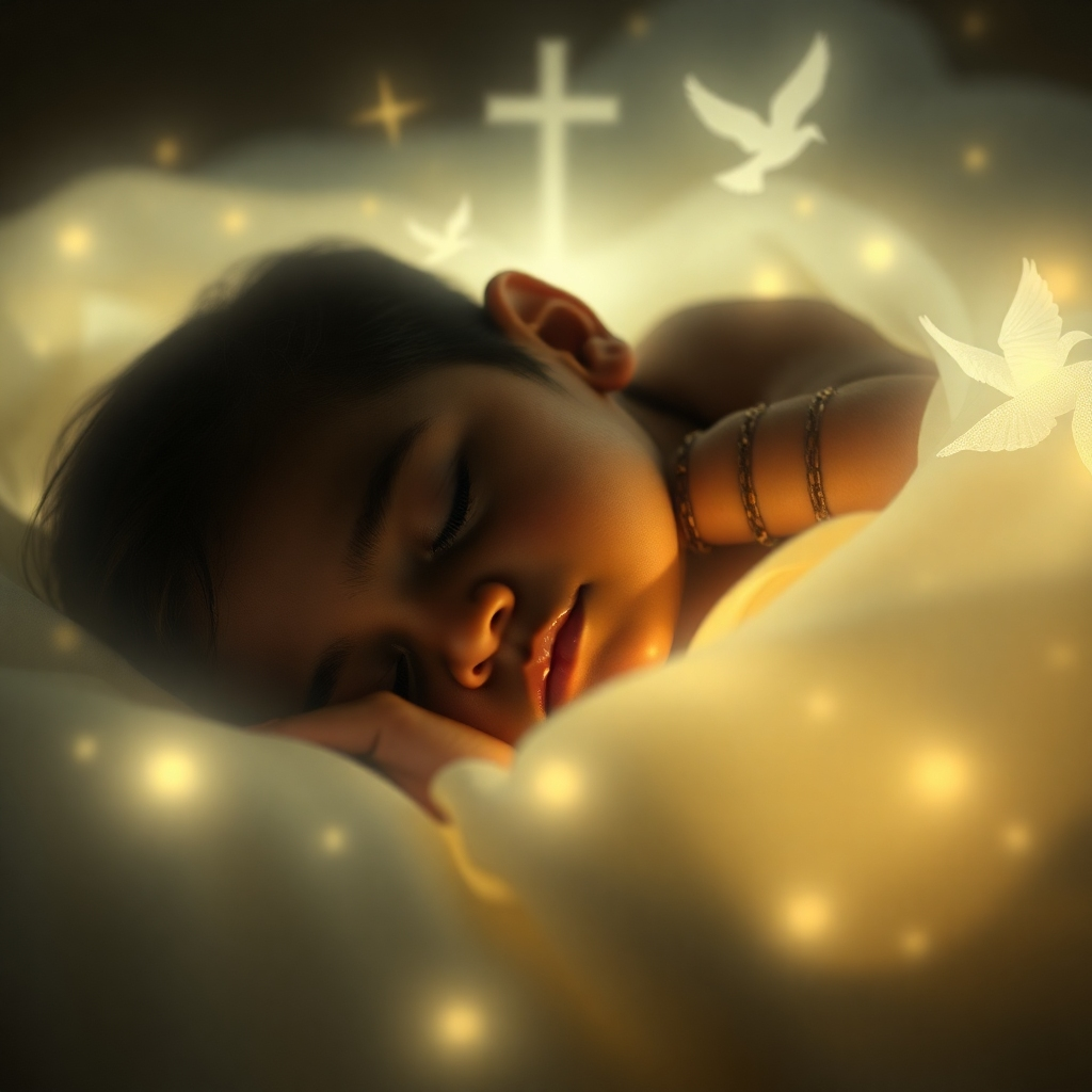 A sleeping person is enveloped in a cocoon of light, with faint symbols of faith (e.g., crosses, doves) subtly visible in the background. The light represents the protection and peace provided by Bible affirmations and solfeggio frequencies. Style: Dreamlike, ethereal, 4K resolution.