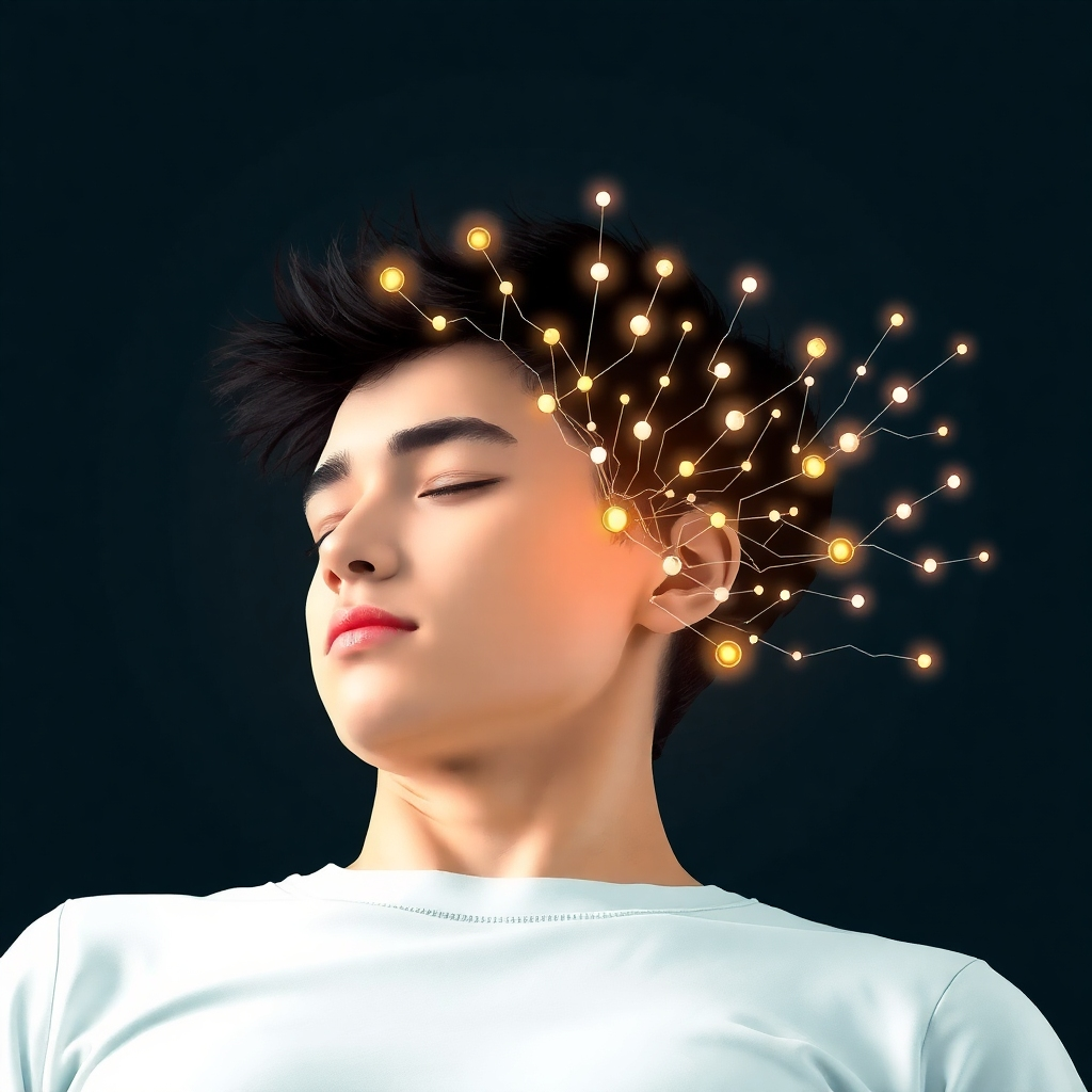 A sleeping person with a stream of data flowing into their head, representing the subconscious absorption of new skills. The data stream is visualized as a series of interconnected nodes and lines, symbolizing a network of knowledge. The style is futuristic and tech-inspired.