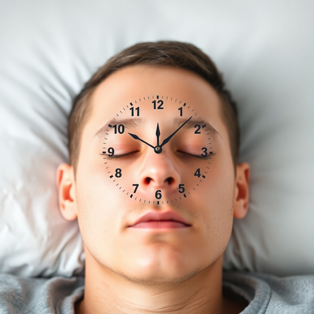 A sleeping person with a subtle clock face overlaid on their forehead, symbolizing the optimization of time and productivity. The clock hands are moving forward, indicating progress and efficiency. The style is clean and modern.