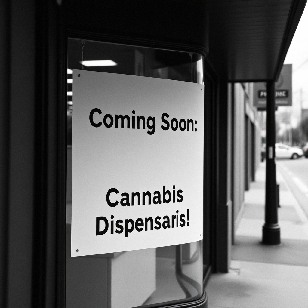 A slightly desaturated image of a closed storefront with a sign that reads 'Coming Soon: Cannabis Dispensary'. The street scene is blurred in the background. Lighting is muted and overcast. The color palette is gray and subdued. The camera angle is a medium shot, conveying a sense of anticipation and frustration.