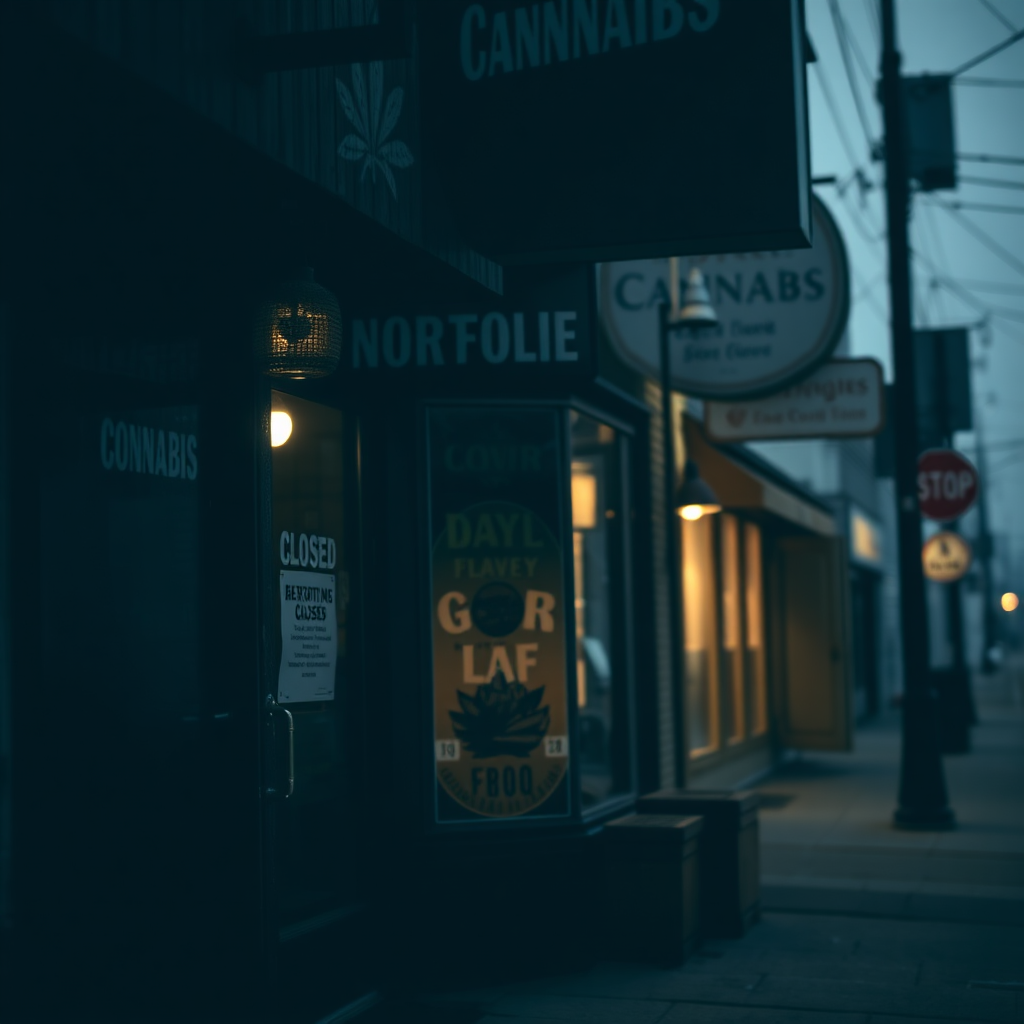 A slightly stylized image representing a Norfolk business with a cannabis-related theme. The business is depicted with a closed sign on the door, but a faint light shines from within. The color palette is dominated by shadows and muted tones, with a single point of bright light. The camera angle is slightly low, emphasizing the business's resilience. Textures are gritty and realistic, conveying a sense of struggle and perseverance. Style is reminiscent of documentary photography. Setting is a street in Norfolk, Virginia, with other businesses visible in the background, albeit out of focus. The scene communicates the hardships faced by businesses amidst the crackdown, while subtly hinting at a glimmer of hope.
