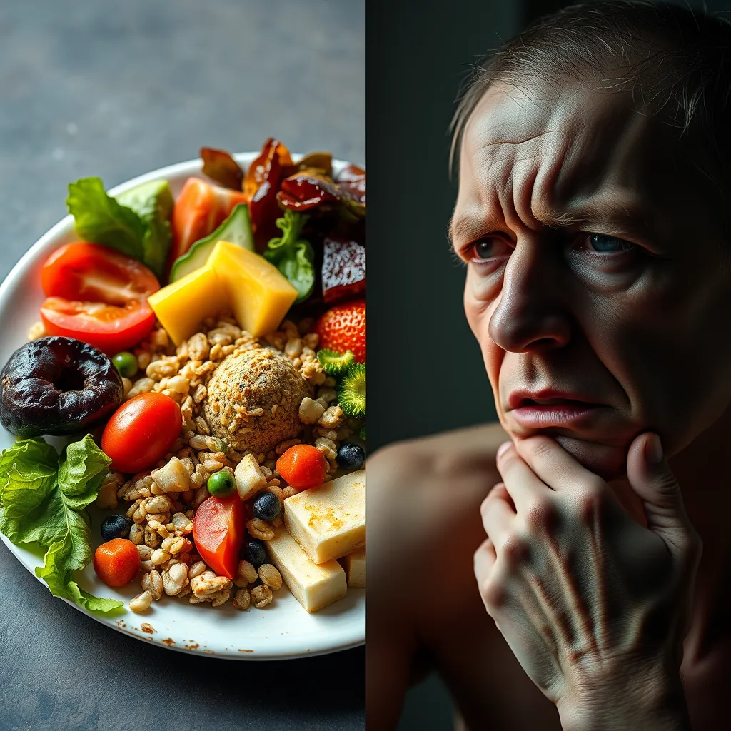 A split image. Left side: A vibrant, healthy plate of vegan food with fresh fruits, vegetables, and grains. Right side: A person looking exhausted, pale, and weak, with visible signs of fatigue and illness. Both sides should be in a contrasting light, with the healthy plate glowing with warmth and the unhealthy side casting shadows and darkness.