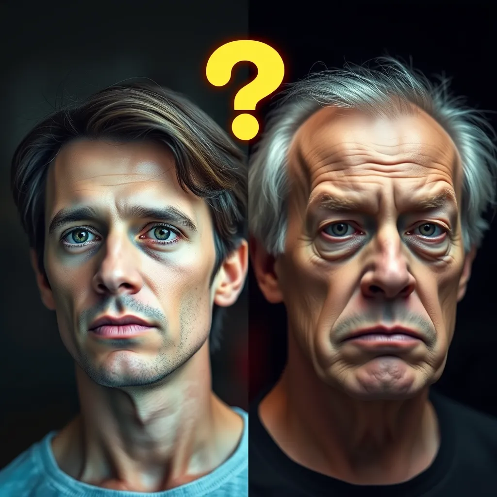 A split image, one side showcasing a person with a healthy and vibrant appearance, while the other side depicts a person looking fatigued and unwell, both with question marks above their heads. The image represents the ongoing debate about the long-term effects of the carnivore diet.