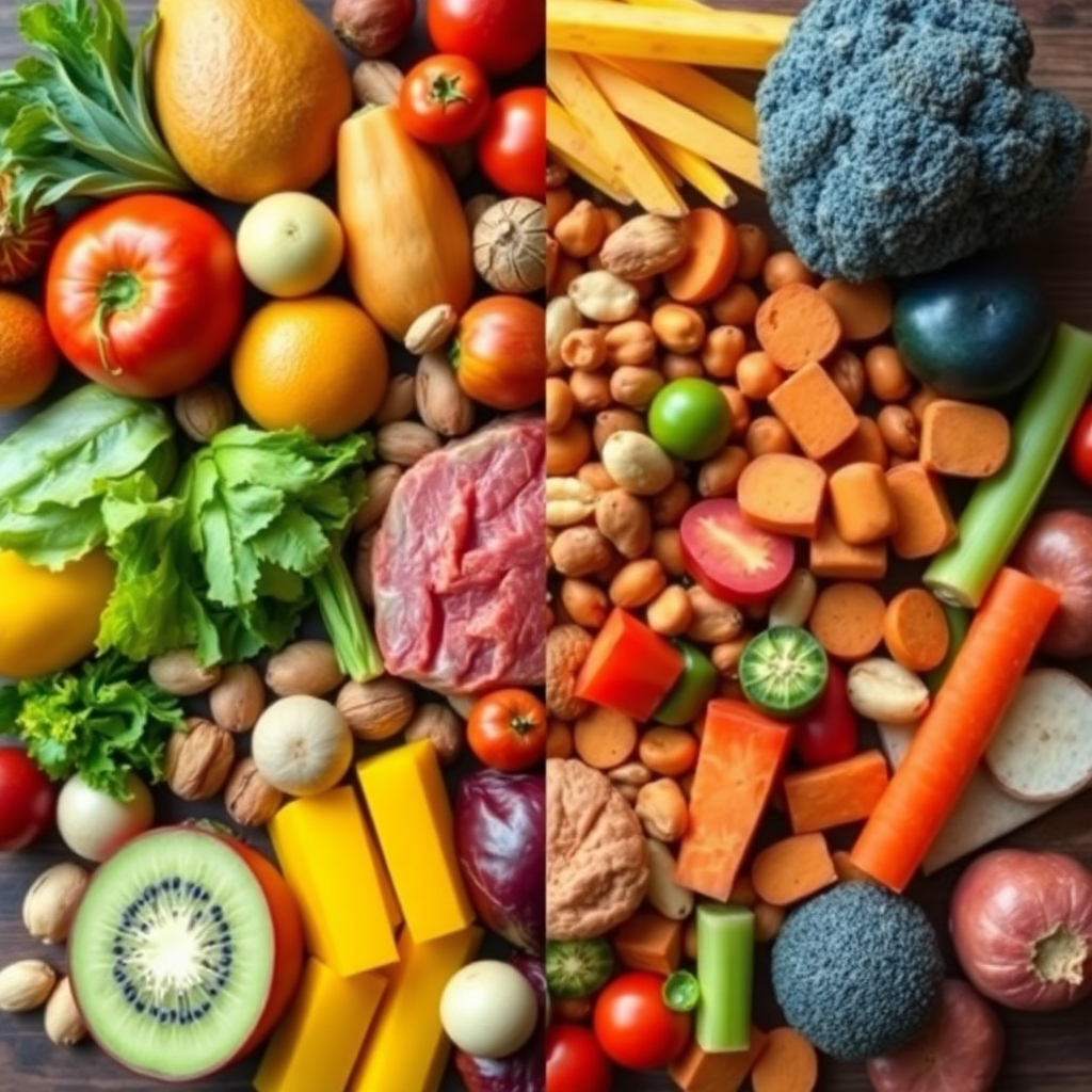 A split image: one side showcasing a vibrant array of fresh, whole foods (fruits, vegetables, nuts, meat) representing a healthy, balanced diet; the other side displaying numerous processed vegan food items, highlighting their artificial colors and textures. The contrast should be stark, emphasizing the difference in nutritional value.