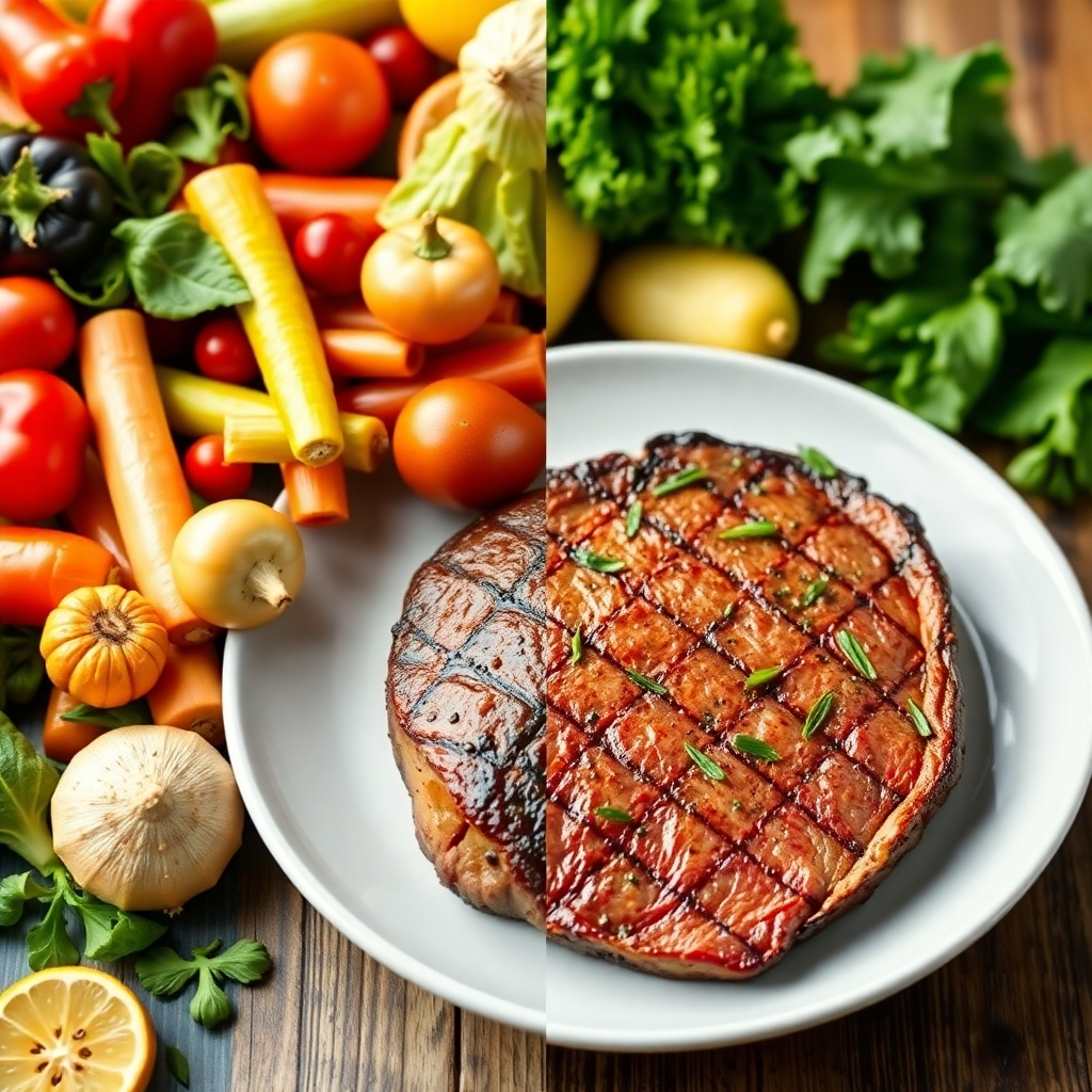 A split image: one side showing a vibrant, colorful array of various vegetables and fruits, highlighting their potential lectin and oxalate content; the other side depicting a plate of perfectly cooked steak, suggesting a clean and lectin/oxalate-free alternative.