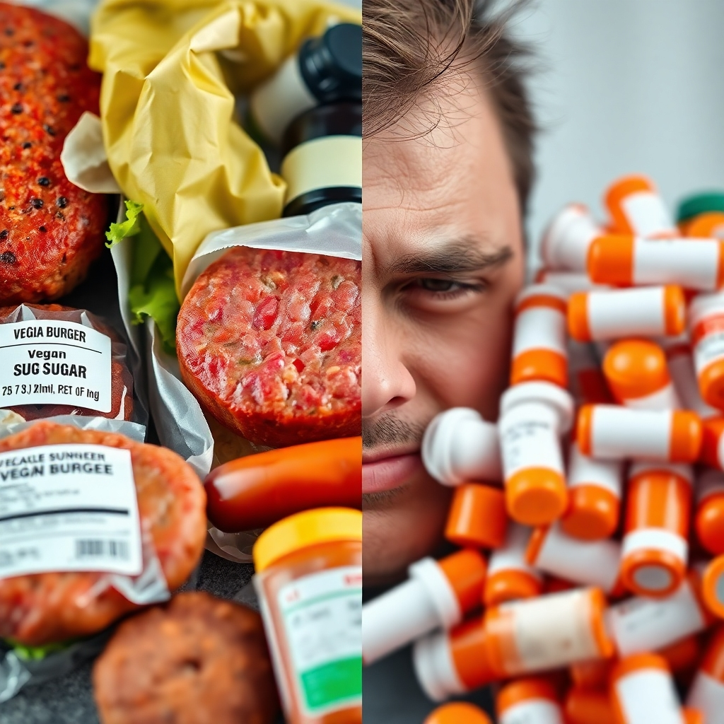 A split image: one side showing a close-up of various processed vegan food items like veggie burgers, vegan sausages, and packaged desserts, highlighting labels with high sugar content; the other side showing a person with a worried expression, looking at a pile of prescription medication bottles.