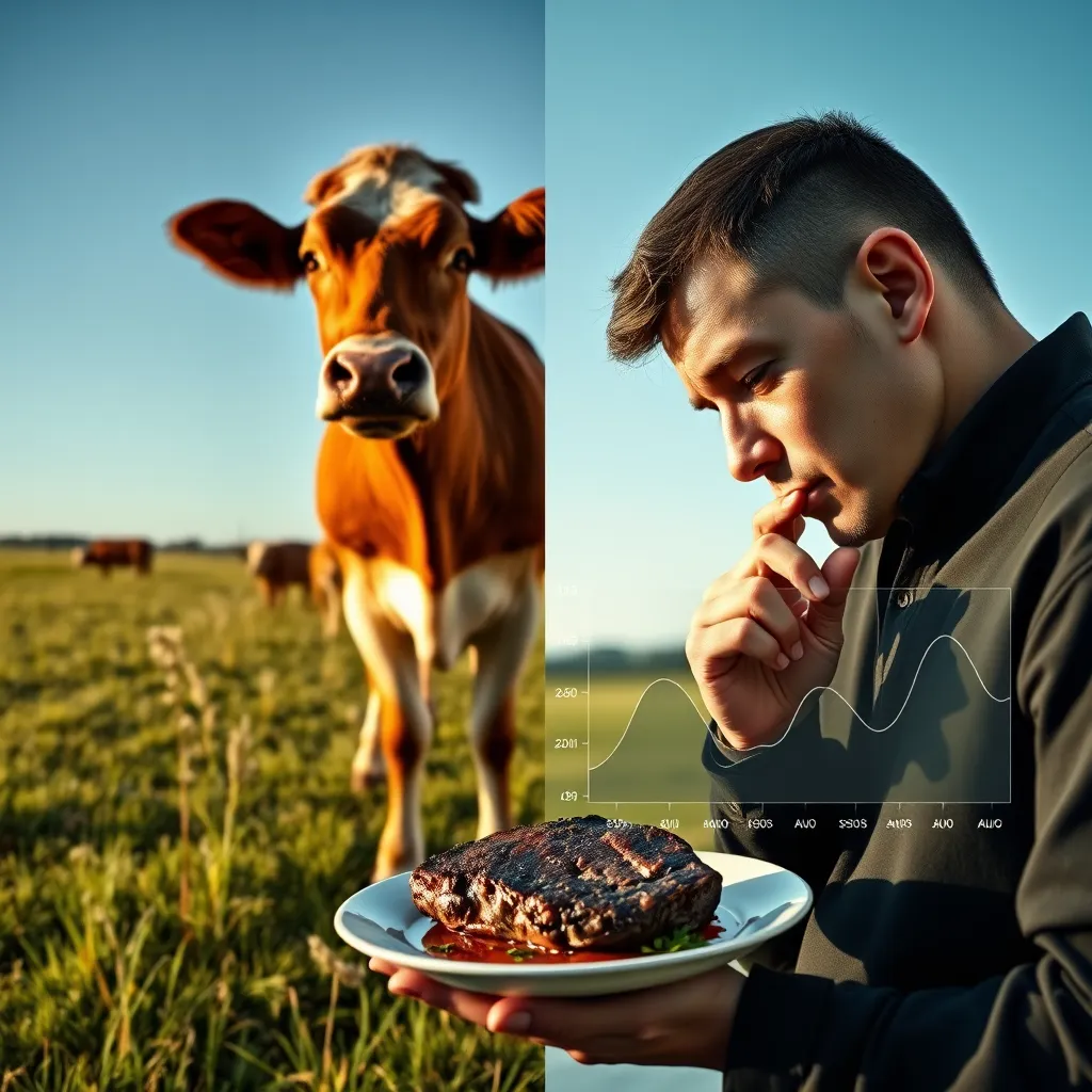 A split image, with one side showing a wide shot of cattle grazing in a lush pasture under a clear blue sky, emphasizing the importance of ethical and sustainable farming practices, and the other side showing a person contemplating a plate of steak while looking thoughtfully at a graph showing environmental impact data.