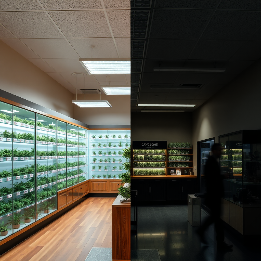 A split image contrasting a legal cannabis dispensary with a gray market dispensary. The legal dispensary is well-lit and organized, while the gray market dispensary appears more discreet and unregulated. This is a conceptual image. Technical Specs: 4K, high quality.