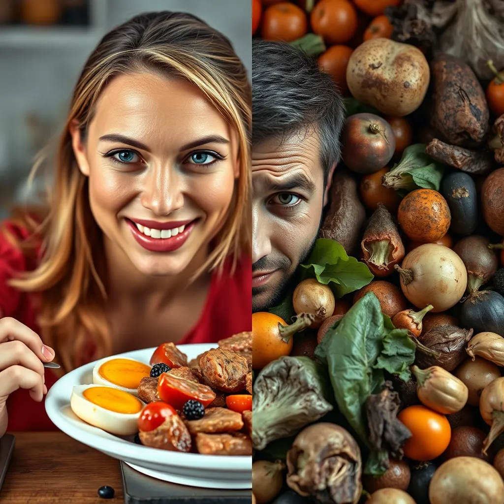 A split image depicting two contrasting scenes. On one side, a person appears vibrant and healthy with glowing skin, enjoying a plate of various meat and eggs. On the other side, a person looks tired and unwell, surrounded by a pile of decaying fruits and vegetables, emphasizing the potential risks and uncertainties of a restrictive diet.