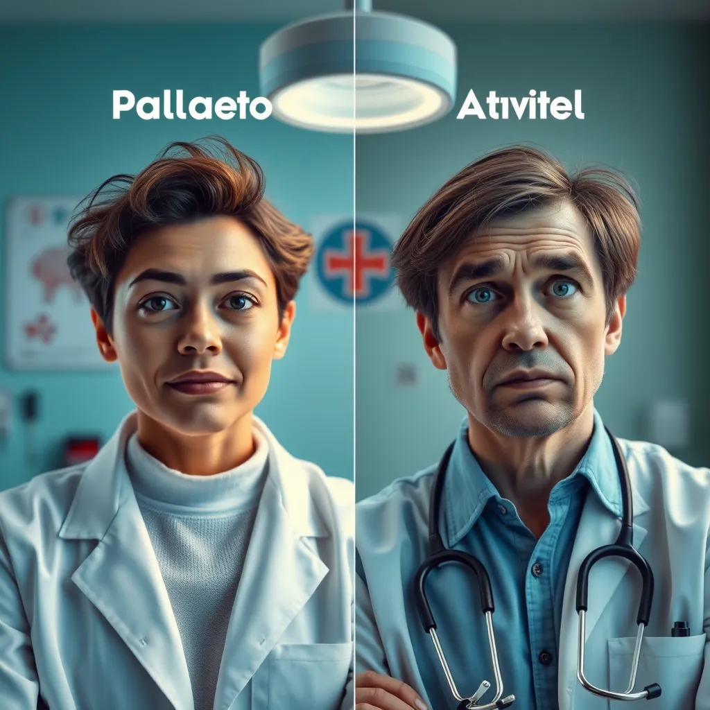 A split image depicting two people, one receiving a placebo treatment with a hopeful expression and another receiving an actual treatment with a skeptical expression. The background could be a doctor's office with a blend of traditional and alternative medical symbols.