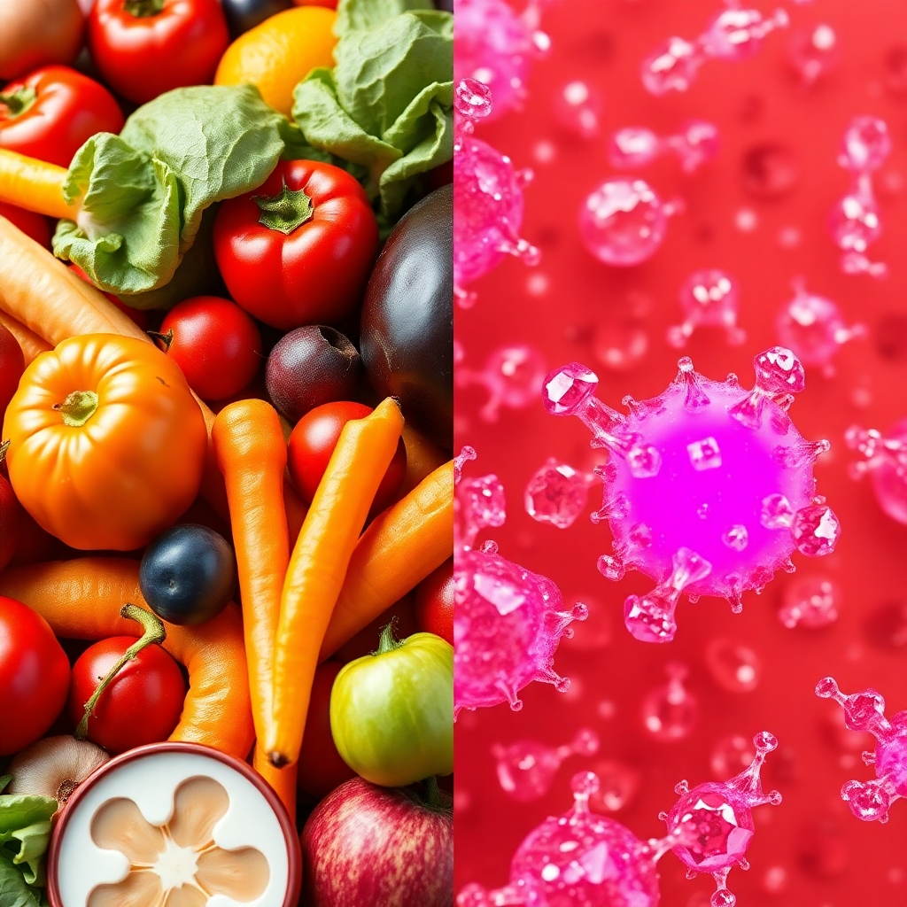 A split image showing, on one side, a vibrant array of colorful vegetables and fruits, and on the other side, a microscopic, highly detailed view of lectin and oxalate crystals, highlighted in a contrasting color to emphasize their potential inflammatory effects.  The image should be scientifically accurate yet visually striking, representing the plant paradox.