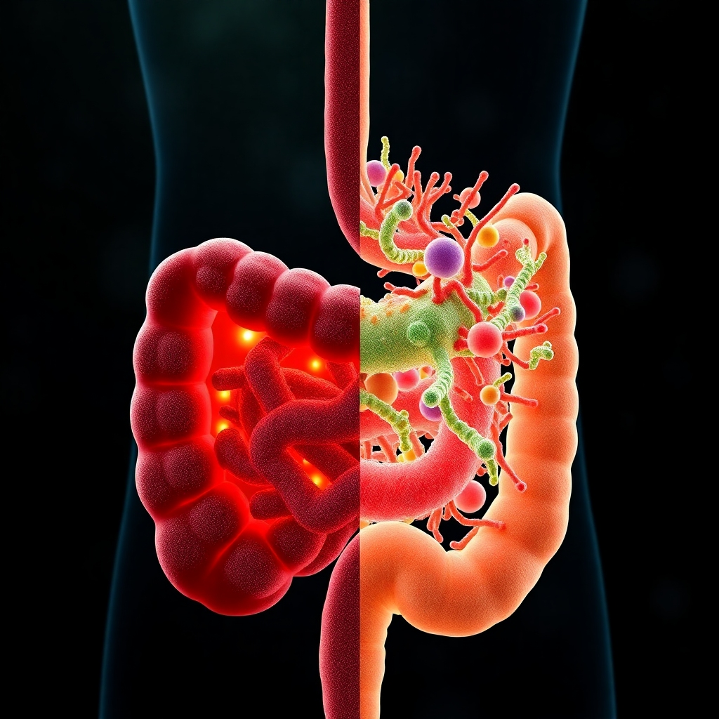 A split image showing a healthy gut microbiome on one side and an unhealthy gut microbiome on the other.  The unhealthy side should show inflammation and an imbalance of bacteria, while the healthy side should be vibrant and balanced. The image should be scientifically accurate and photorealistic, with microscopic details clearly visible. The color scheme should emphasize the contrast between health and disease.