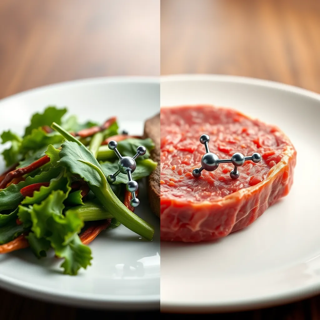 A split image showing a plate of red meat with high iron content and a plate of leafy green vegetables with lower iron content. Both plates should have visible iron molecules, with the iron molecule from meat being larger and more prominent, representing higher bioavailability.