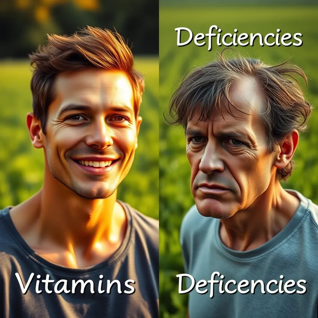 A split image showing a vibrant, healthy person on the left, representing the potential benefits of a well-planned vegan diet. On the right, a person experiencing fatigue and weakness, highlighting the potential consequences of nutrient deficiencies in a poorly planned vegan diet. The background should depict a lush green field with the word 'Vitamins' written on the left side and 'Deficiencies' on the right side.