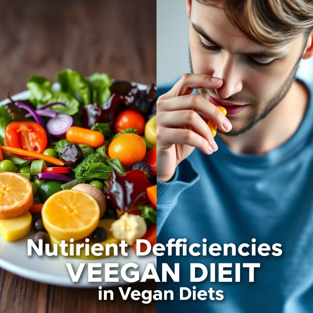 A split image showing a vibrant plate of vegan food on one side and a person taking vitamin supplements on the other side, with the caption 'Nutrient Deficiencies in Vegan Diets'