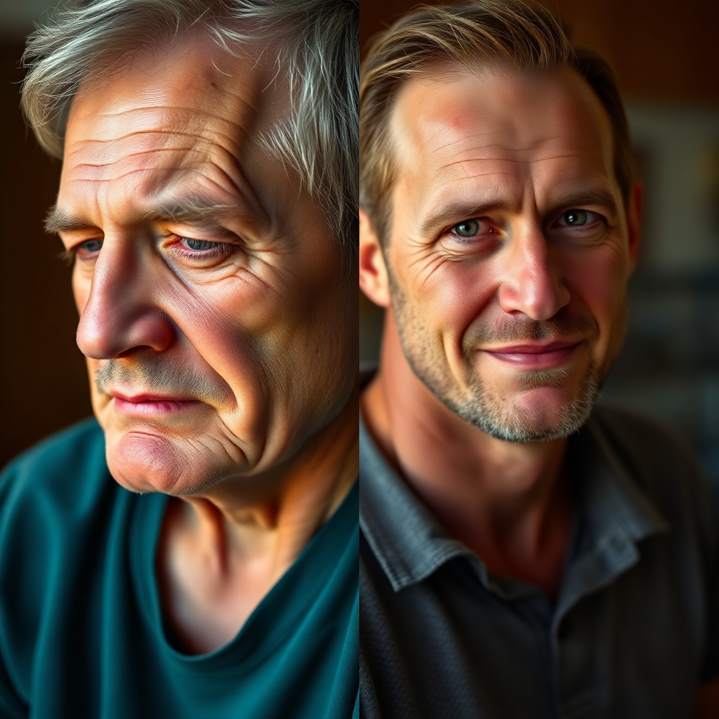 A split image showing two contrasting scenes: one side depicting a person visibly suffering from inflammation (e.g., visibly swollen joints), and the other side portraying the same person looking healthy and active after following a carefully managed carnivore diet.  The image should be photorealistic and emotionally impactful, visually representing the potential transformation.