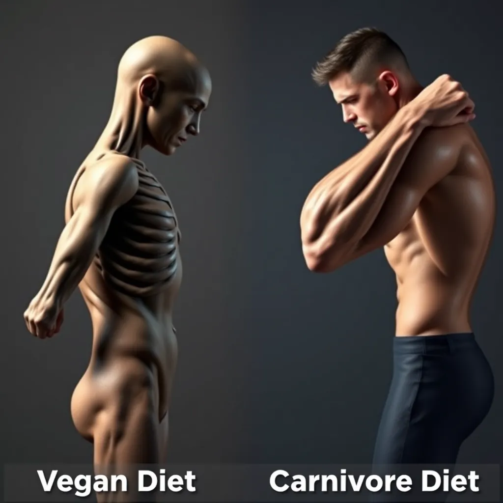 A split image showing two figures side-by-side. The figure on the left is thin, with visible ribs, and is labeled 'Vegan Diet'. The figure on the right is muscular and toned, labeled 'Carnivore Diet'. Both figures are doing a bicep curl, highlighting the difference in muscle mass.