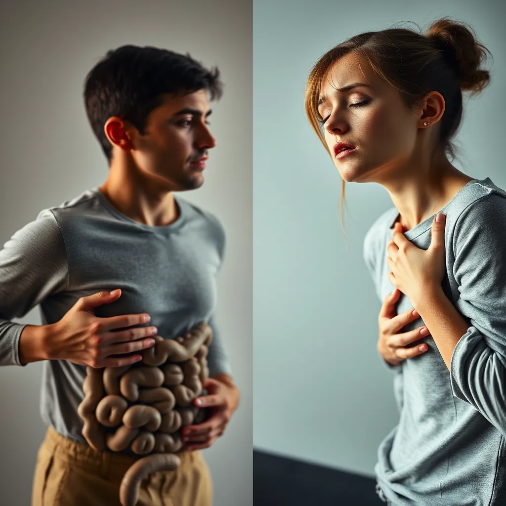 A split image showing two scenarios: one with a person experiencing smooth and regular bowel movements and the other depicting someone struggling with bloating, gas, and discomfort. The image should emphasize the contrast between the two experiences, highlighting the potential downsides of excessive fiber consumption.