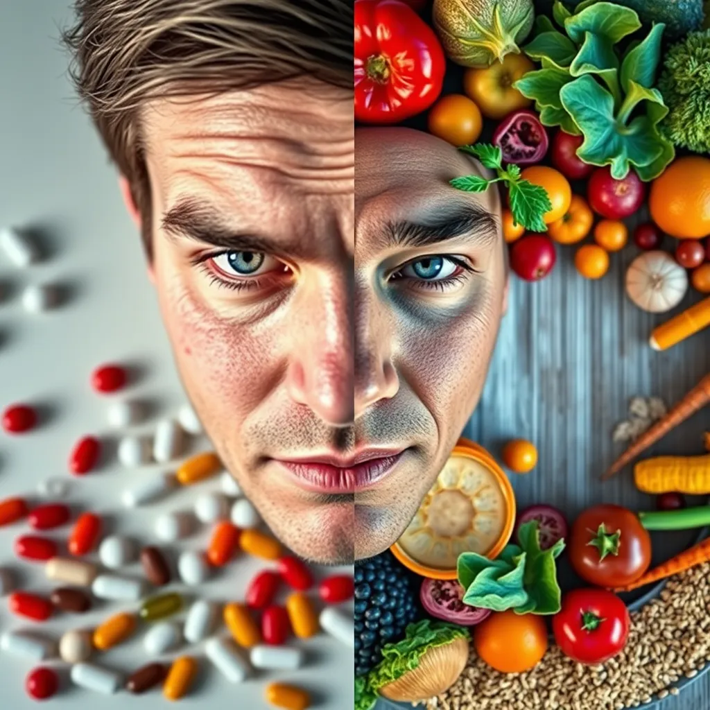 A split image with two sides. The left side depicts a person looking pale and tired with a dark circle under their eyes, surrounded by scattered pills and supplements. The right side shows a person looking healthy and energized, surrounded by vibrant fruits, vegetables, and whole grains. The image should highlight the potential risks of nutrient deficiencies on the carnivore diet.
