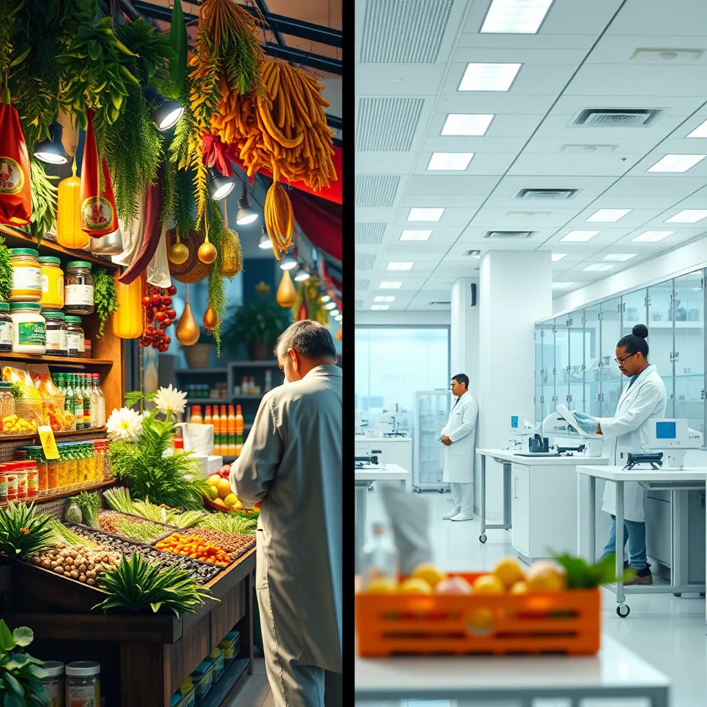 A split-screen image. On one side, a bustling, brightly lit market stall selling various herbal supplements. On the other side, a sterile, white medical laboratory with scientists conducting research. Both sides should convey the contrasting approaches to health and wellness - natural vs. scientific.