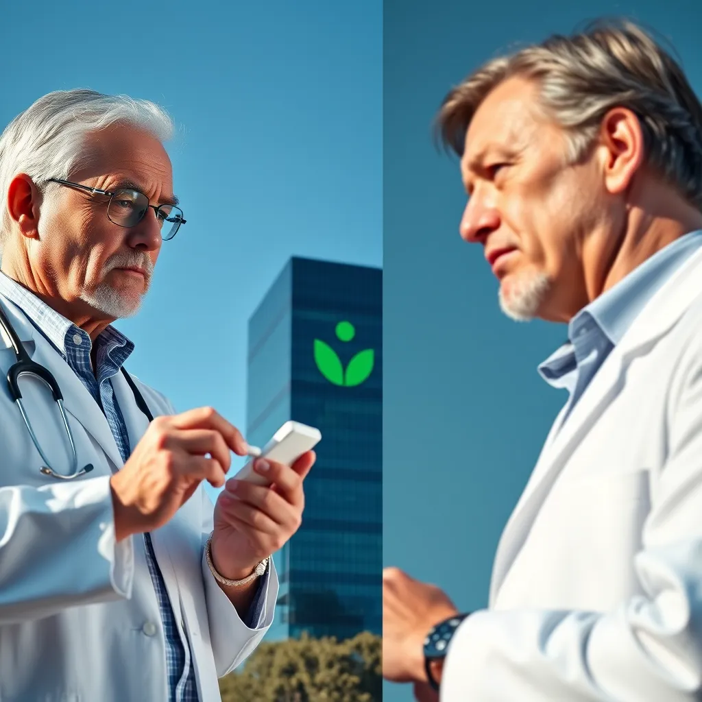 A split-screen image. On one side, a doctor in a white coat prescribes medication to a patient with a concerned expression. On the other side, a sleek pharmaceutical company building looms large against a clear blue sky, with the company logo featuring a stylized green plant.