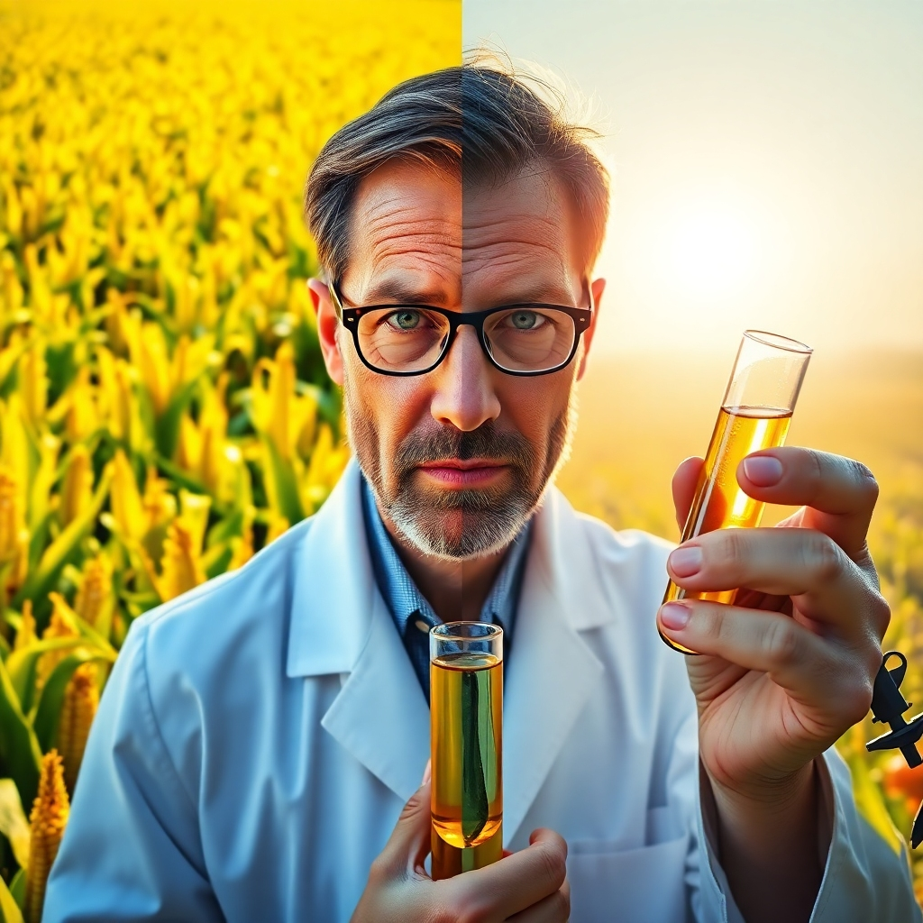A split-screen image. On one side, a vibrant and bountiful field of GMO corn, glowing with unnatural brightness. On the other side, a traditional farm with rows of naturally growing organic vegetables, bathed in warm sunlight. Both sides should be juxtaposed with a scientist looking skeptical, holding a lab test tube with a mysterious liquid inside.