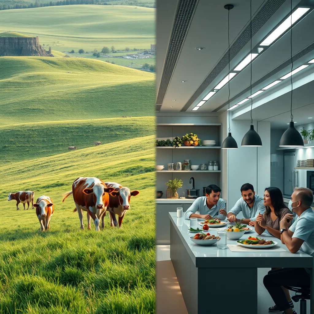 A split-screen image. On one side, a lush green field with cows grazing peacefully. On the other side, a modern, futuristic kitchen with people enjoying plant-based protein meals. The image should convey a sense of transition and change in food choices.