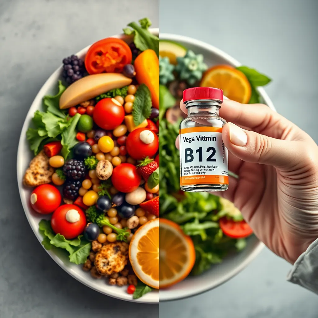 A split-screen image. On one side, a vibrant plate overflowing with colorful fruits, vegetables, and legumes, representing a vegan diet. On the other side, a doctor's hand holding a vial of vitamin B12 supplements, symbolizing the potential need for supplementation.