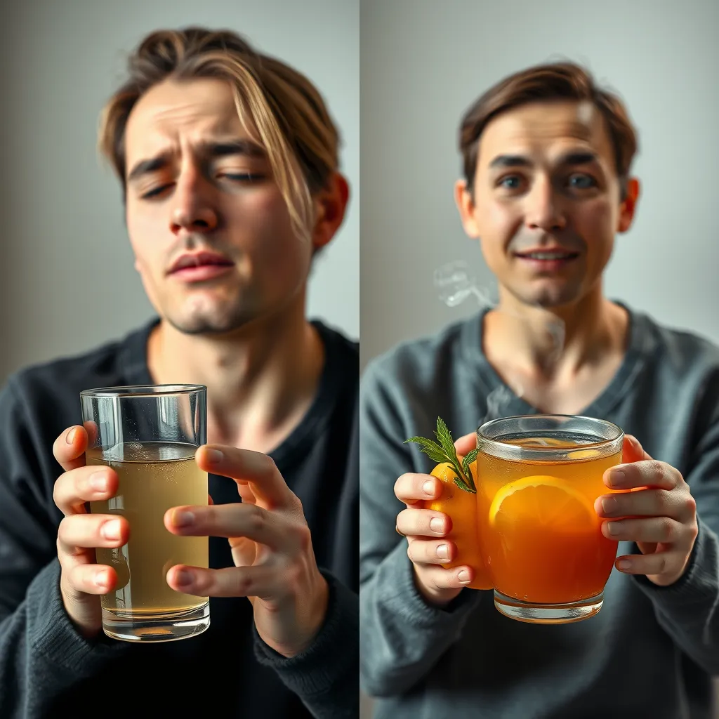 A split-screen image. On the left, a person feeling fatigued and dehydrated, with a glass of plain water. On the right, the same person feeling energized and healthy, with a steaming bowl of bone broth and a glass of lemon water.