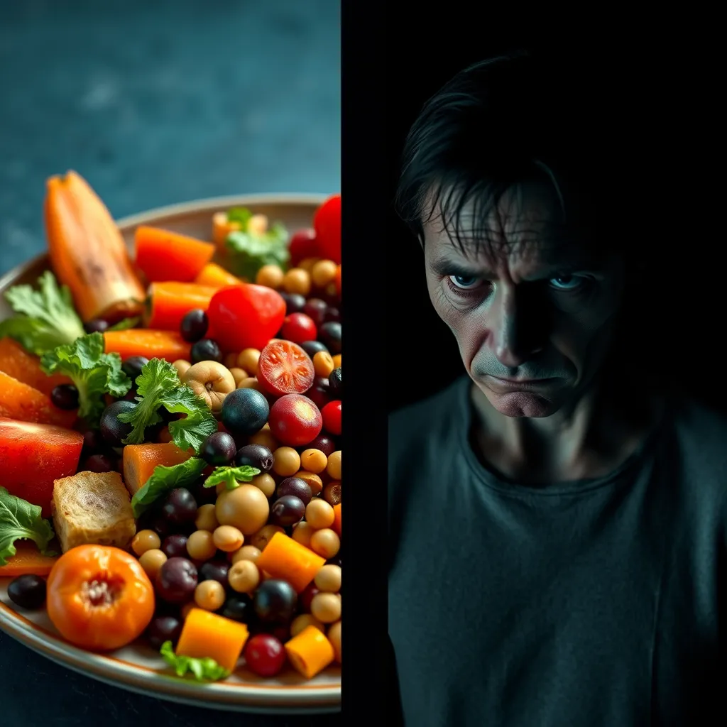 A split-screen image. On the left side, a vibrant plate of colorful vegan foods, including fruits, vegetables, and legumes. On the right side, a stark, dark image of a person looking pale and fatigued, representing nutrient deficiencies.  The image should convey the contrast between a healthy vegan diet and the potential consequences of lacking essential nutrients.