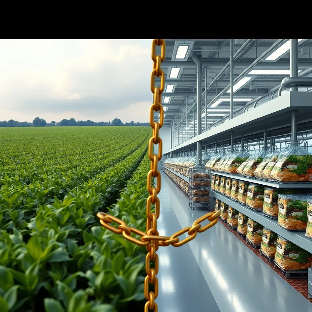 A split-screen image: one side shows a vast field of genetically modified crops, the other side shows a sleek, modern factory churning out packaged plant-based meat alternatives. The two sides are connected by a thick, gold chain, symbolizing corporate control.