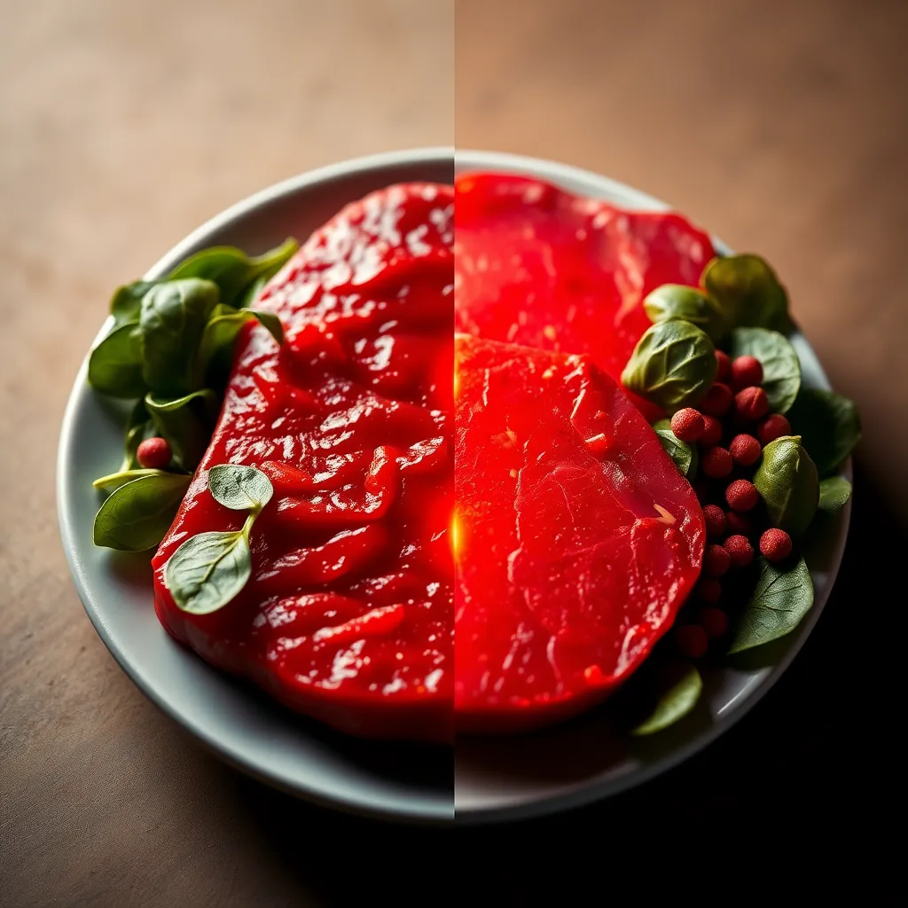 A split-screen image. One side shows a plate of red meat, with iron molecules highlighted in a glowing red. The other side shows a plate of spinach with iron molecules, appearing smaller and less vibrant. The background should be a neutral color, emphasizing the contrast between the two sources of iron.