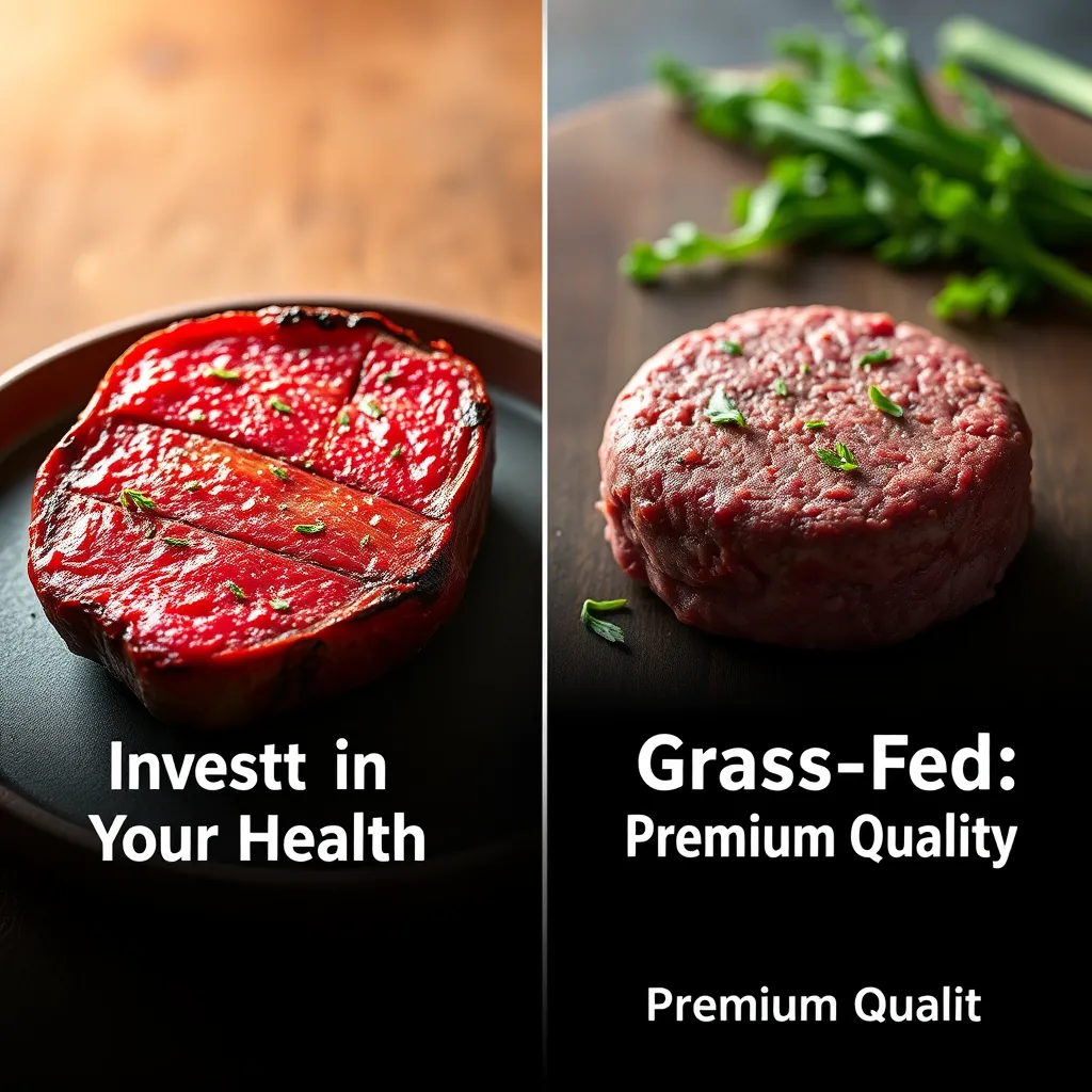 A split-screen image showcasing a luxurious, high-quality steak made from grass-fed beef on one side, and a more affordable, lean ground beef patty made from grain-fed beef on the other side, visually comparing the price and quality differences.  Use text overlay: 'Invest in Your Health' and 'Grass-Fed: Premium Quality' 