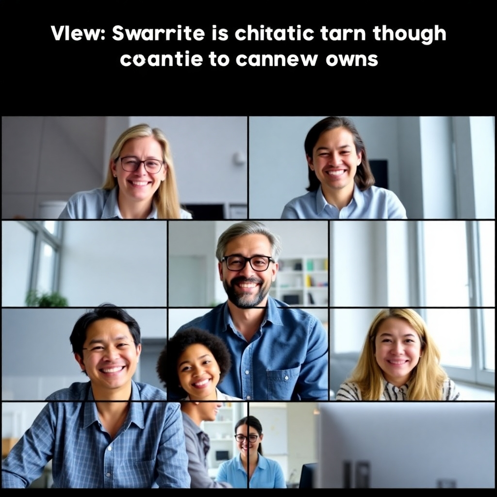 A split-screen image showing a group of colleagues connecting virtually via video call. Everyone is smiling and engaged in the conversation, conveying a sense of camaraderie and connection. The scene highlights the importance of maintaining social connections in a remote work environment.