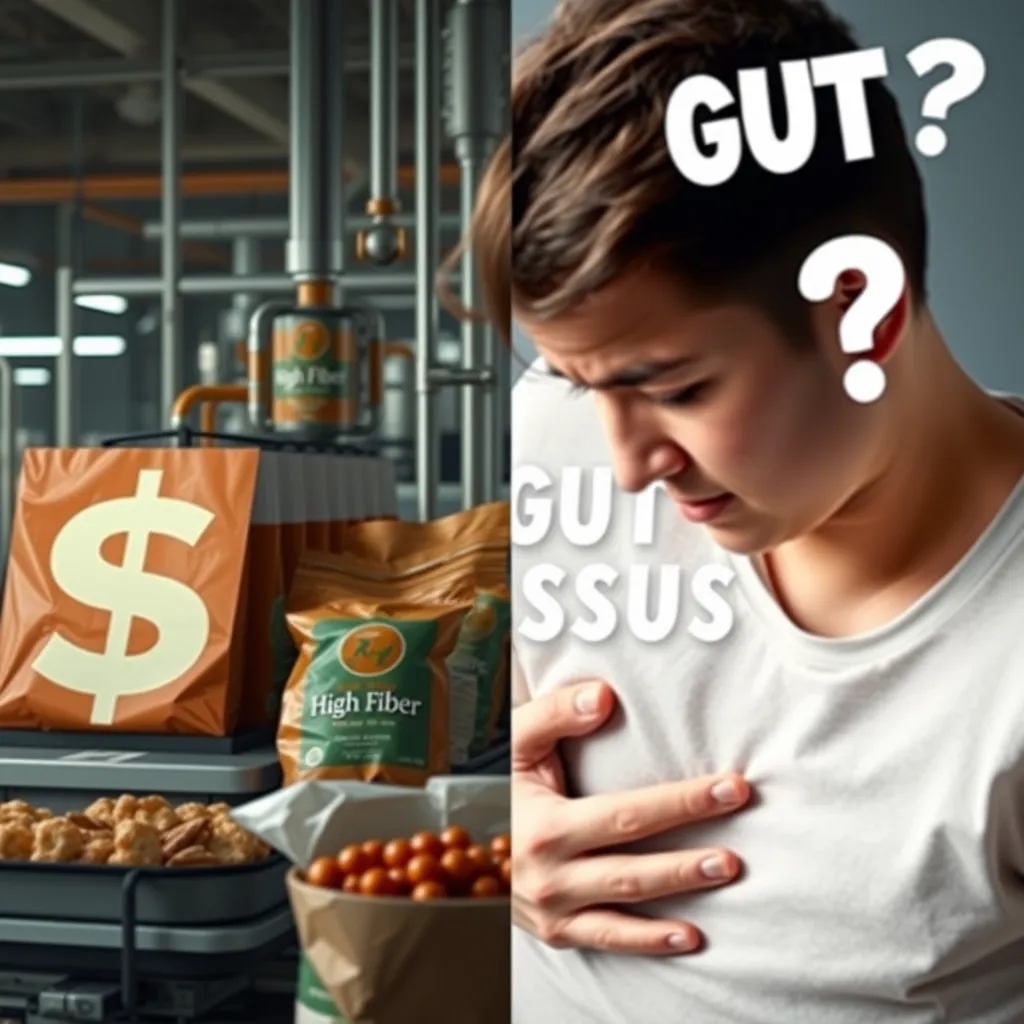 A split-screen image showing one side with a factory producing processed food with the words 'High Fiber' on the packaging and a large dollar sign in the foreground, and the other side depicting a person with a distressed stomach, with a question mark above their head and the words 'Gut Issues?' in the background.