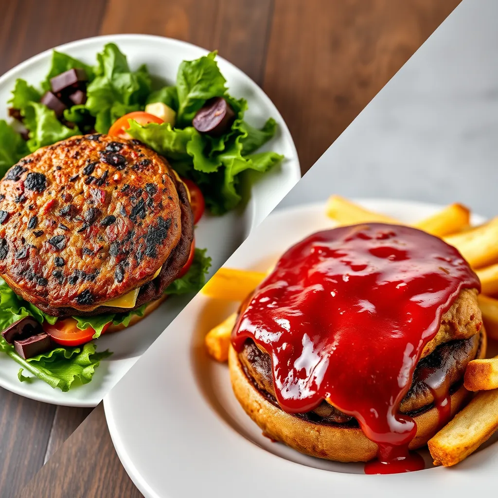 A split-screen image showing two plates: one with a juicy grass-fed burger and a leafy green salad on the left, and another plate with a greasy, processed burger and fries on the right. The image should emphasize the contrast between healthy and unhealthy food choices, highlighting the potential health benefits of grass-fed beef.