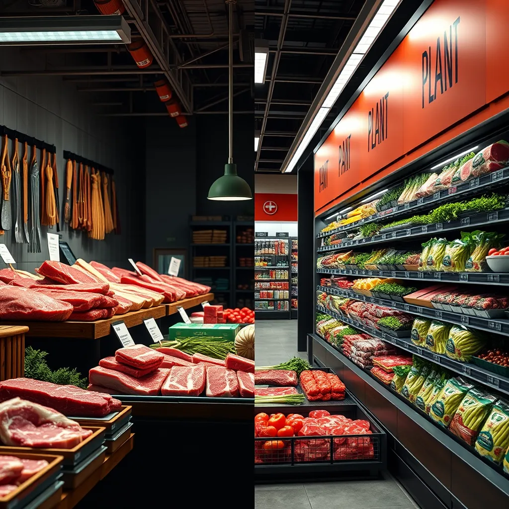 A split-screen image showing two contrasting scenes. One side depicts a traditional butcher shop with a variety of cuts of meat displayed, while the other side shows a modern supermarket with a large section dedicated to plant-based meat alternatives. The image should highlight the growing popularity of plant-based options and the potential for traditional meat to become less accessible.