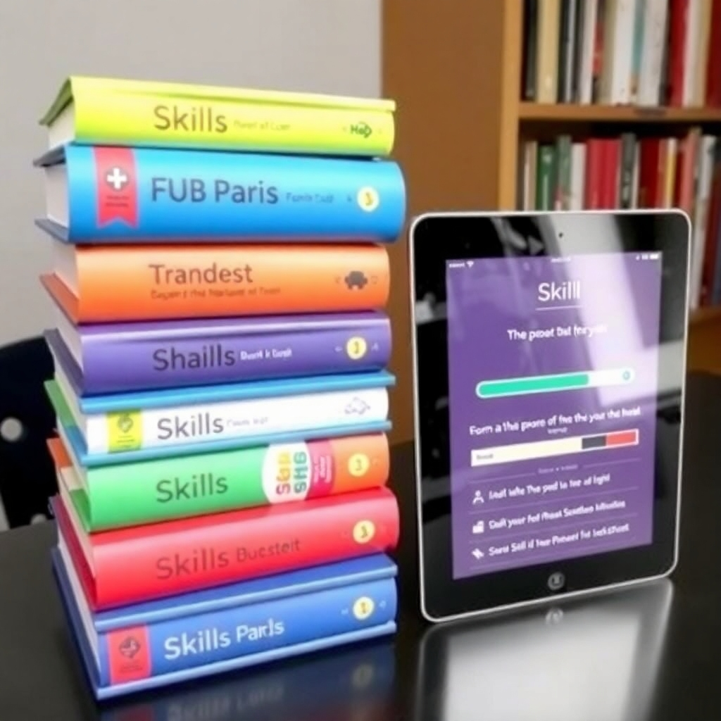 A stack of books and a tablet, each representing a different skill. The books are colorful and visually appealing. The tablet screen displays a progress bar. The style is organized and informative.