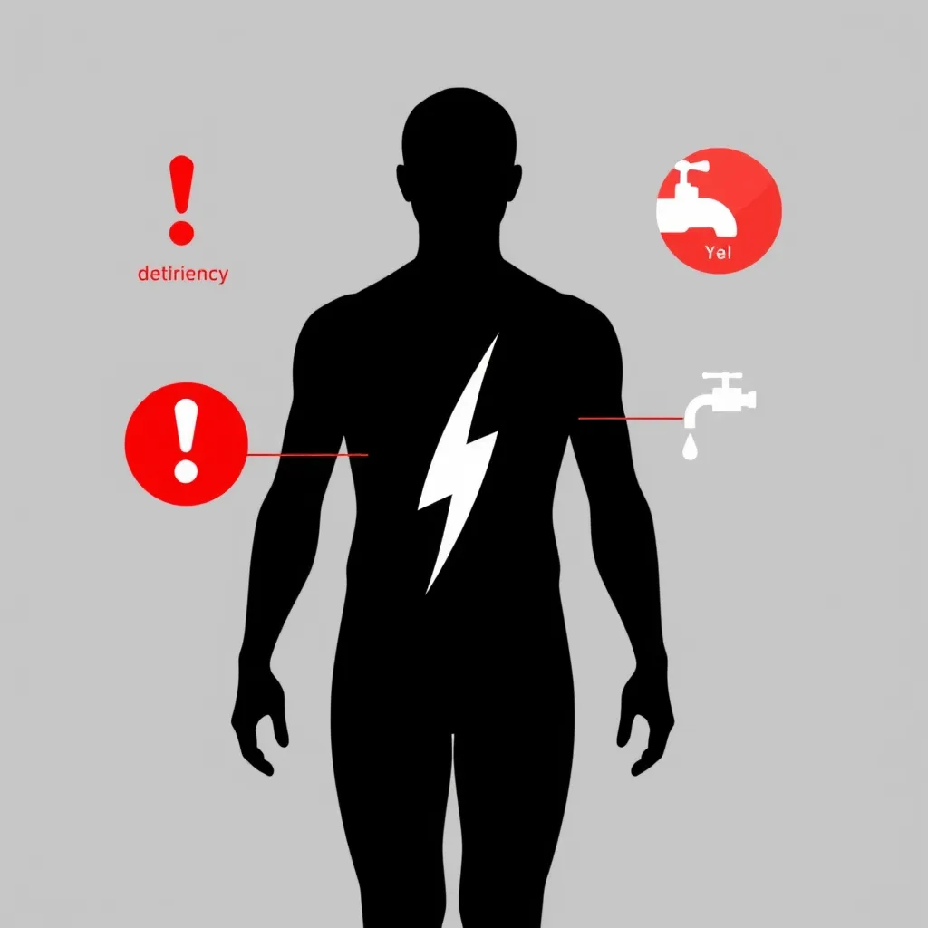 A stark, minimalist illustration depicting a human body silhouette with various symbols overlaid. These symbols represent potential risks of the carnivore diet, such as a red exclamation mark for nutrient deficiencies, a lightning bolt for electrolyte imbalance, and a dripping faucet for dehydration. The background is a muted gray, emphasizing the seriousness of these concerns.