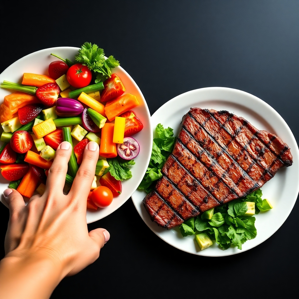 A stark contrast between two plates. One plate overflowing with colorful, vibrant GMO fruits and vegetables, while the other plate features a perfectly grilled steak with a side of organic green salad. A hand reaches out hesitantly towards the plate of GMO produce, while the other hand confidently grabs a juicy steak, symbolizing the shift towards carnivore diets.