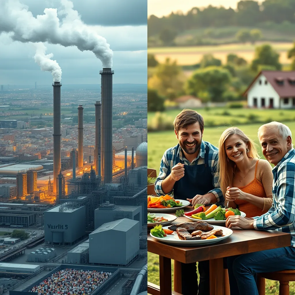 A stark contrast between two scenes: on the left, a sleek, modern pharmaceutical factory pumping out pills, while on the right, a serene farm with a healthy, happy family enjoying a meal of grilled meat and vegetables. The background should depict a bustling city on the left, and a peaceful countryside on the right, symbolizing the contrasting lifestyles and the potential threat of the Carnivore Diet to Big Pharma's profit.