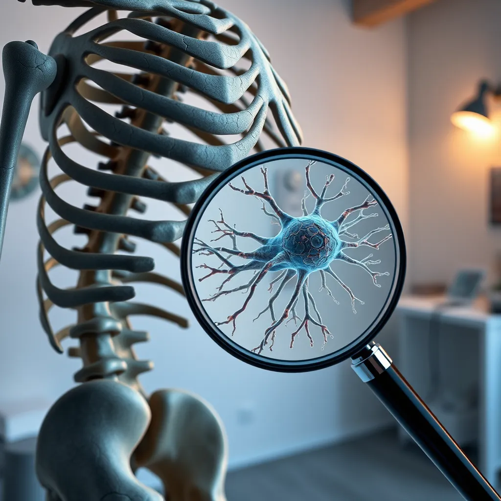 A stark image of a fragile human skeleton with cracks and fissures representing the impact of calcium deficiency on bone health. A magnifying glass reveals a close-up of a neuron with a deteriorated structure, symbolizing the consequences of omega-3 deficiency on brain function. In the background, a doctor's office with a stethoscope, highlighting the potential health risks.