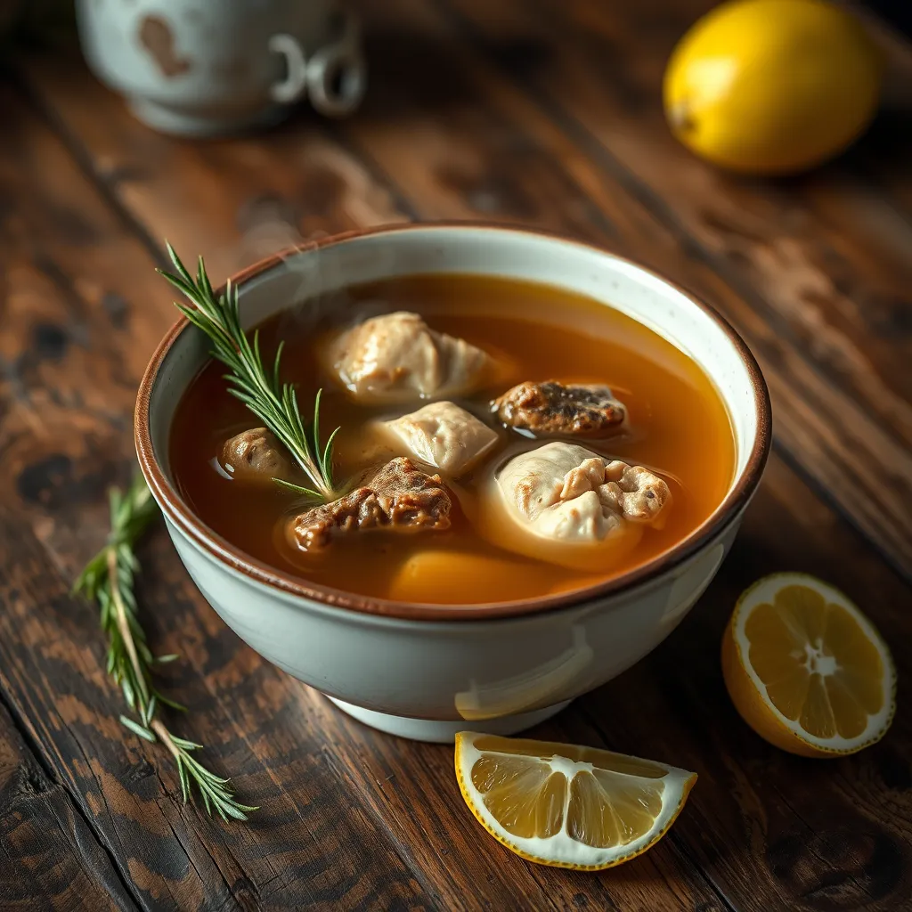A steaming bowl of rich, golden bone broth with a few pieces of cooked chicken or beef floating in it. The bowl should be placed on a rustic wooden table, with a sprig of fresh rosemary and a slice of lemon beside it.