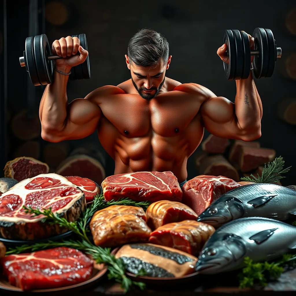 A strong, muscular individual lifting weights with ease, surrounded by a variety of meat products, including steaks, chicken breasts, and fish. The image should convey a sense of power and vitality, emphasizing the potential benefits of a carnivore diet for muscle development.