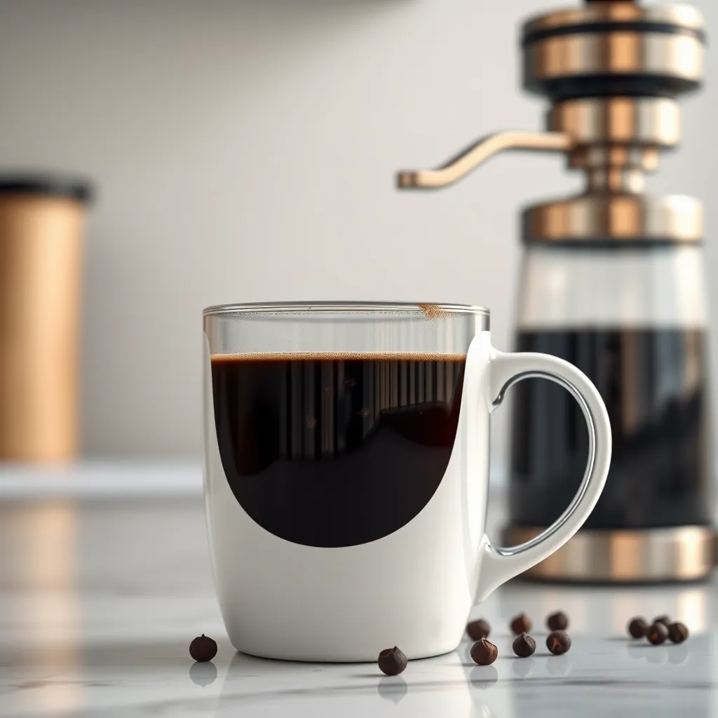 A stylish coffee mug filled with dark coffee, with a few black peppercorns floating on the surface. The mug should be placed on a modern, minimalist kitchen counter, with a sleek, stainless steel coffee grinder in the background. The image should evoke a sense of sophistication and modernity, as well as health and wellness.
